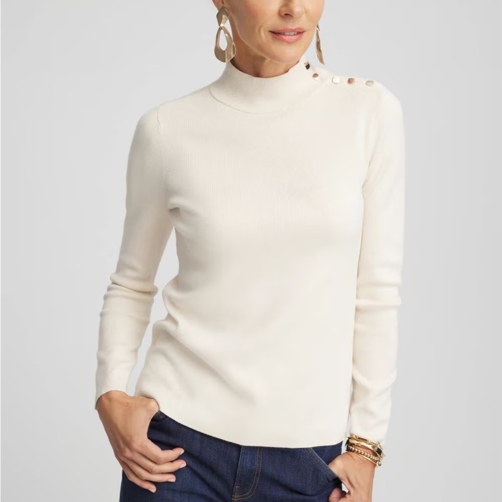 Chico's Ella Mockneck Sweater with silver button detail Sz 2 excellent condition